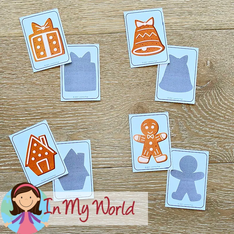 Gingerbread Centers for Preschool shadow matching cards for visual discrimination and early matching skills