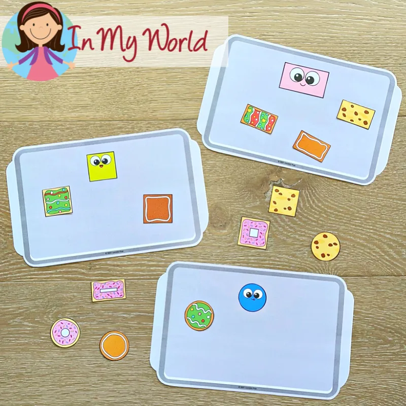 Gingerbread Centers for Preschool shape sorting mats with cookie themed shapes for visual discrimination practice