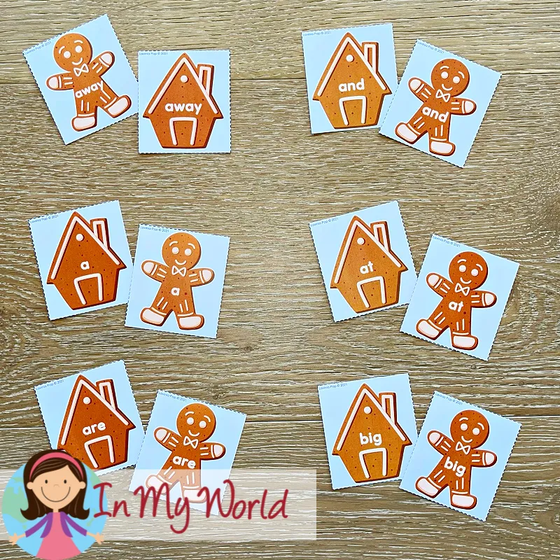 Gingerbread Centers for Preschool sight word matching activity with gingerbread men and houses for early reading practice