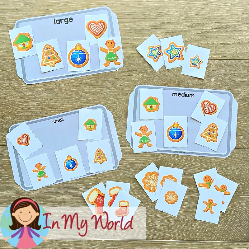 Gingerbread Centers for Preschool size sorting mats labeled small, medium, and large with gingerbread themed picture cards
