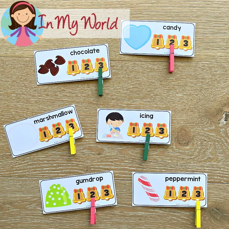 Gingerbread Centers for Preschool syllable cards with clip markers for counting syllables in simple words