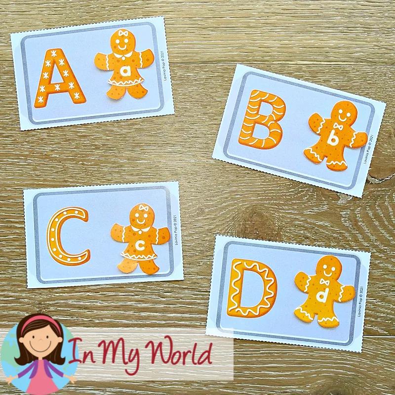 Gingerbread Centers for Preschool uppercase and lowercase letter matching cards with gingerbread characters for alphabet practice