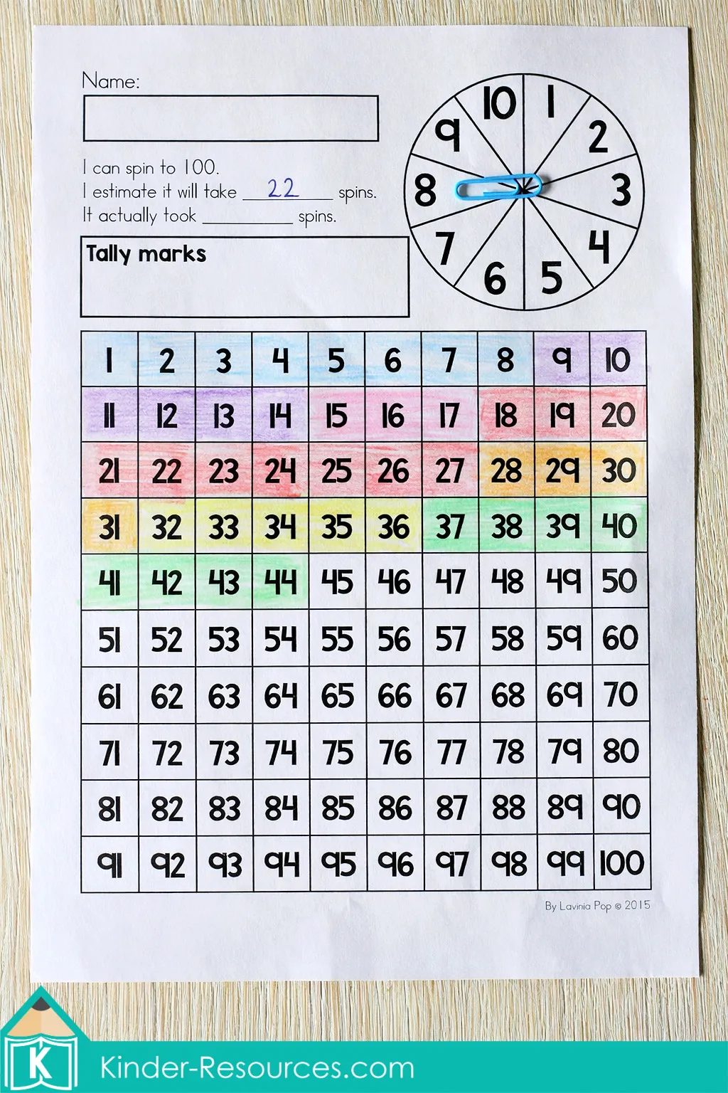 100th Day of School Worksheets and Activities spin to 100 activity using a paper clip spinner