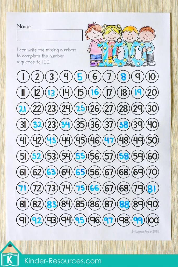 100th Day of School Worksheets and Activities writing missing numbers to complete the number sequence to 100