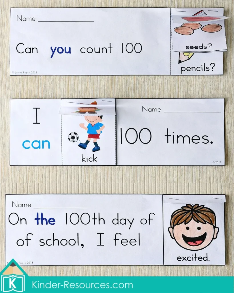100th Day of School Worksheets and Activities sight word flip books with sentences about counting 100, feelings, and actions