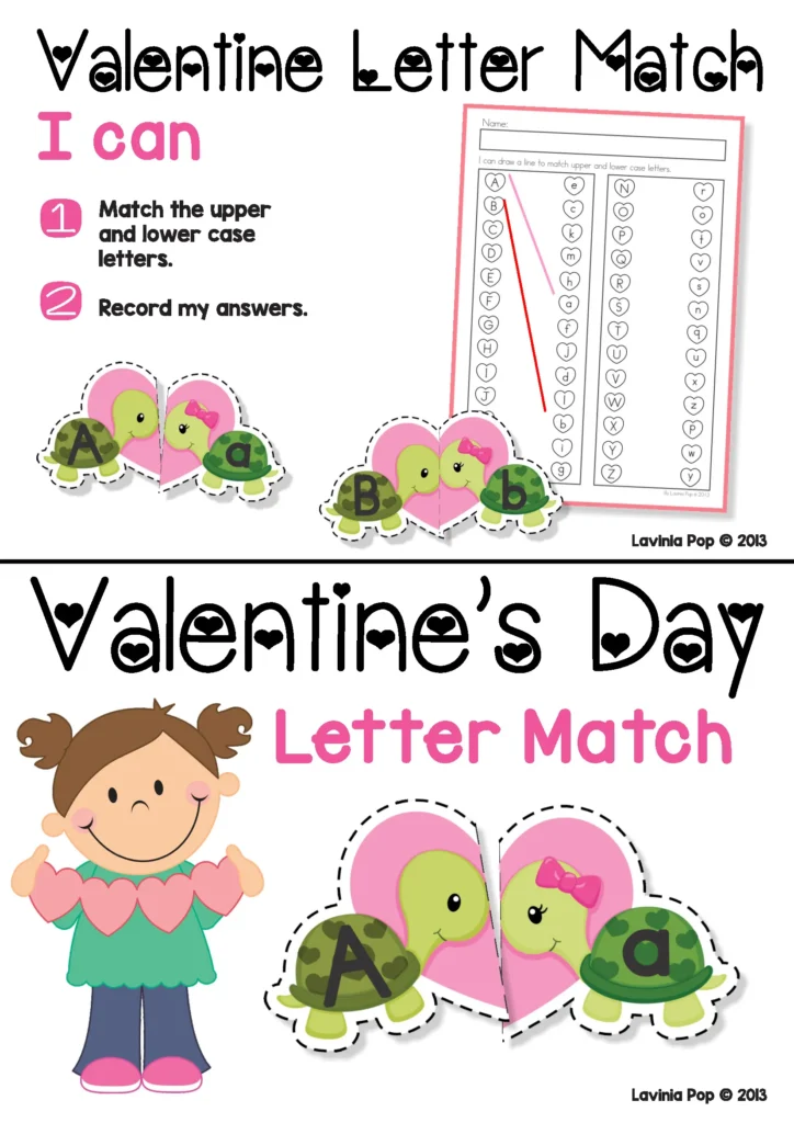 FREE Printable Alphabet Activity: Valentine’s Day alphabet letter match directions for preschool and kindergarten literacy centers
