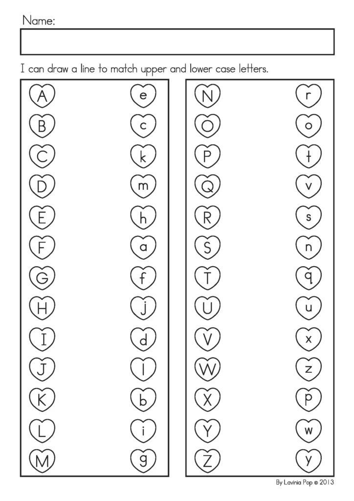 FREE Printable Alphabet Activity: Valentine’s Day worksheet for matching uppercase and lowercase letters in preschool and kindergarten