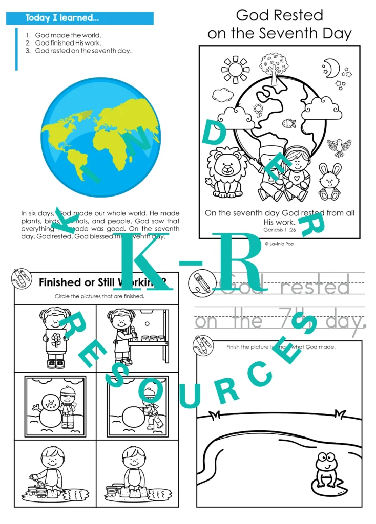Creation Day 7 Preschool Bible Lesson God Rested take home booklet pages with world illustration, Bible verse, and today I learned section