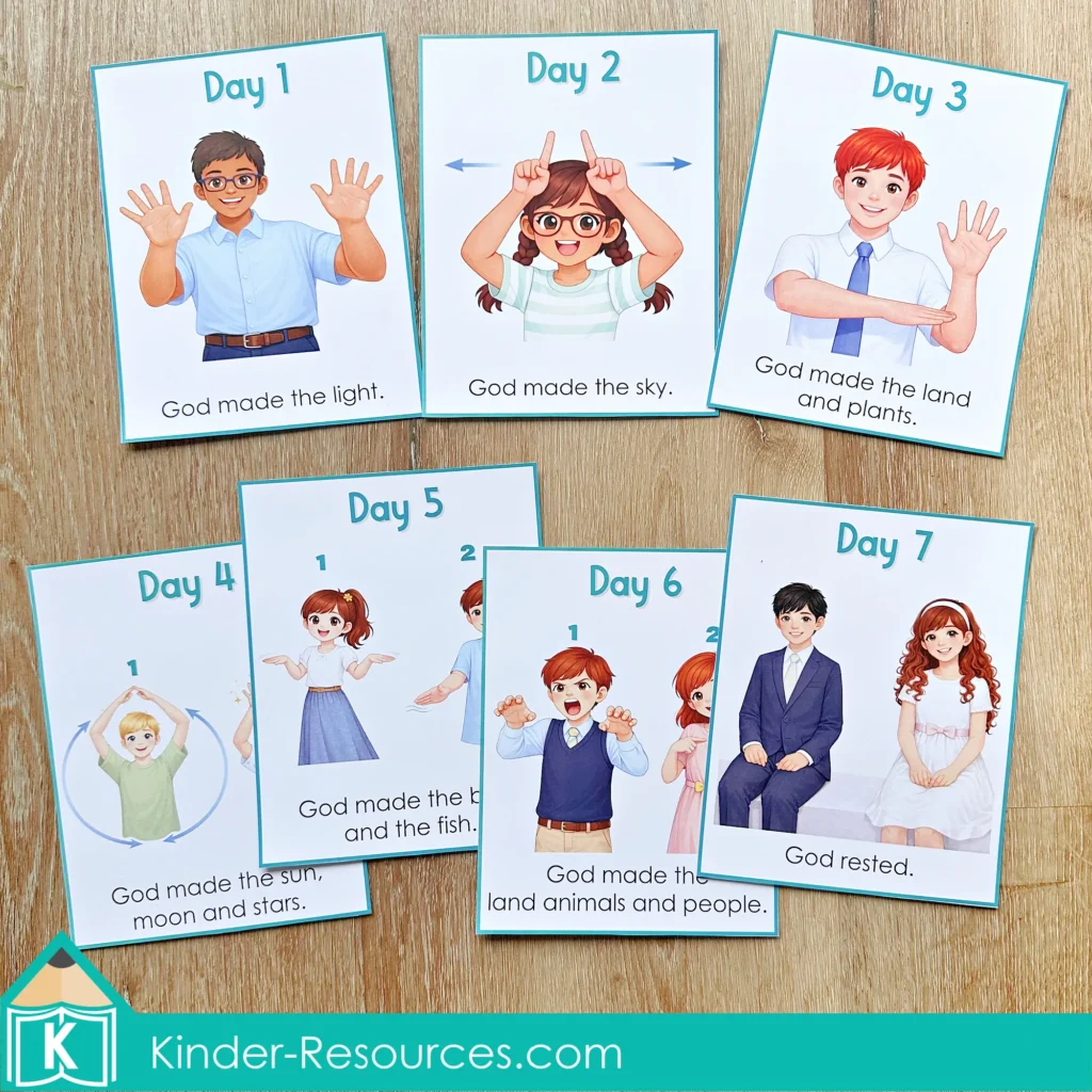 Creation Day 7 Preschool Bible Lesson God Rested hand movement visual cue posters for Days 1 through 7 of Creation