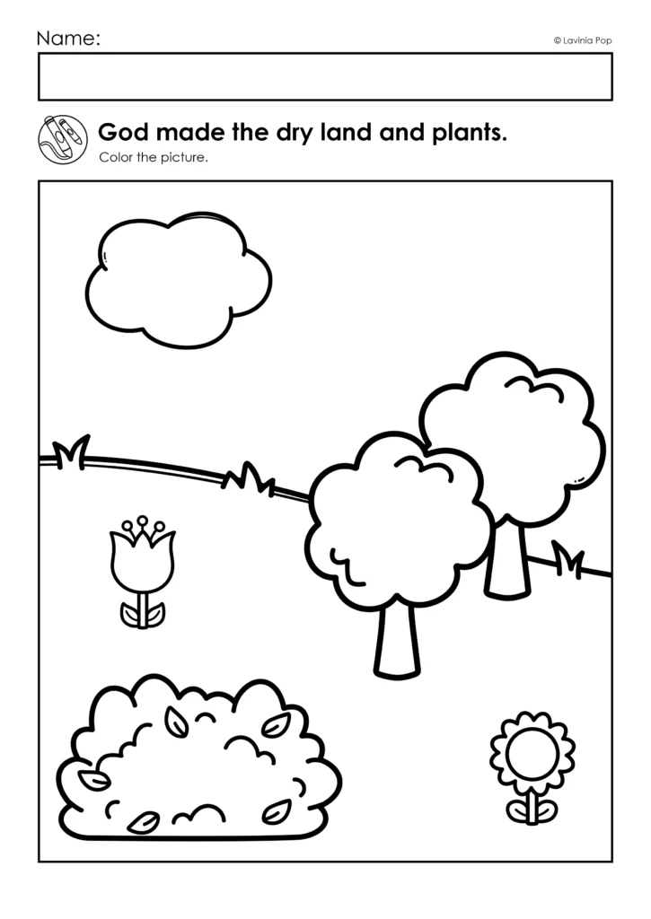 Preschool Bible Lesson God Made the Dry Land and Plants coloring page with trees, bushes, flowers, and land