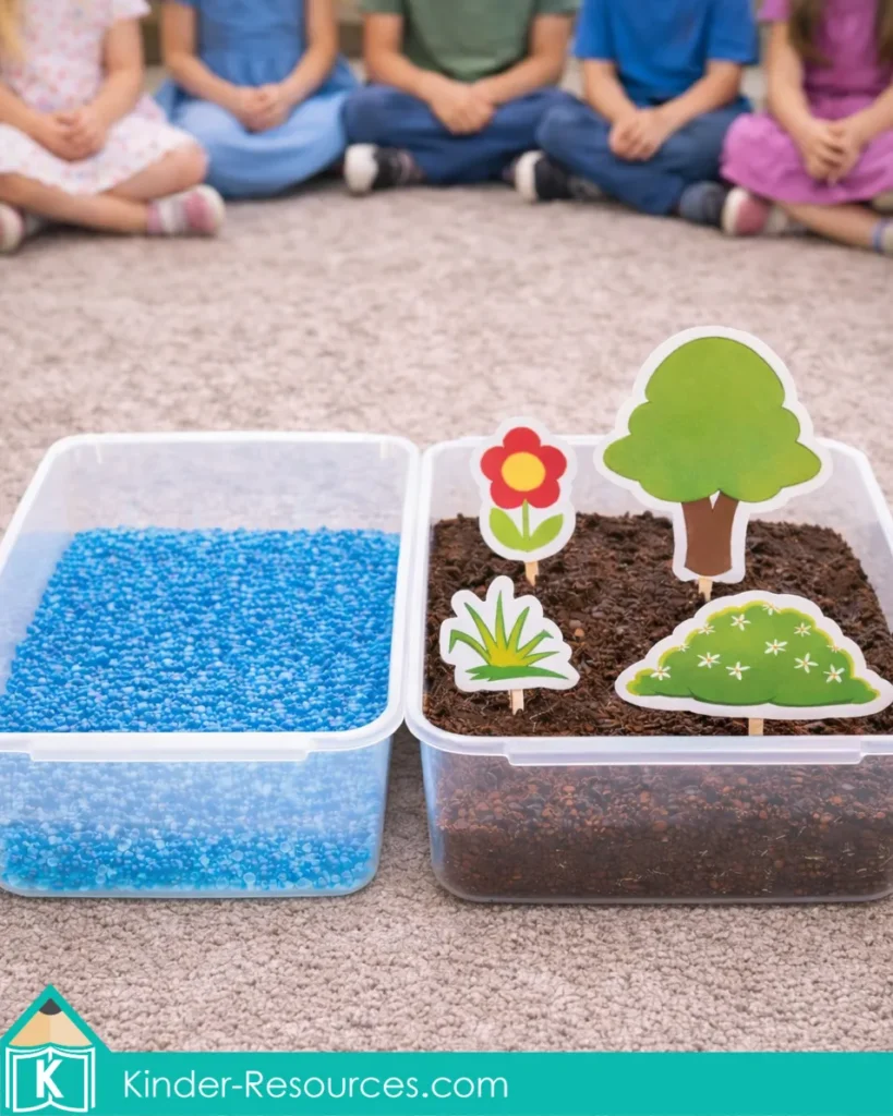Preschool Bible Lesson Creation Day 3 visual story tubs with water and dry land for hands on Bible teaching