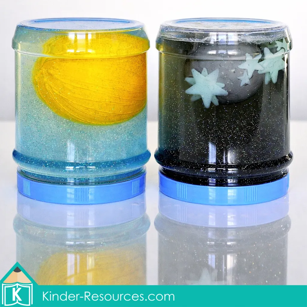 Preschool Bible Lesson God Made the Sun Moon and Stars sensory bottles with sun jar for day and moon and star jar for night