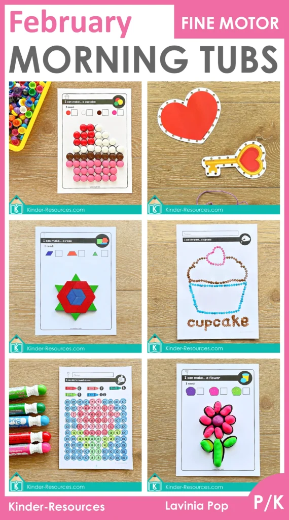 Preschool Fine Motor Printable Activities for February morning tubs with Valentine themed fine motor tasks