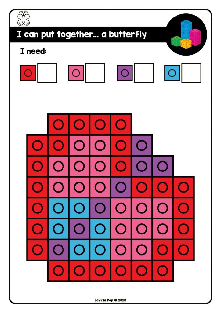 Preschool Fine Motor Printable Activities for February counting cubes pattern task card building a butterfly