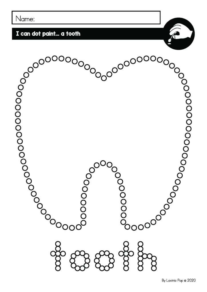 Preschool Fine Motor Printable Activities for February dot painting worksheet practicing fine motor control with a tooth image