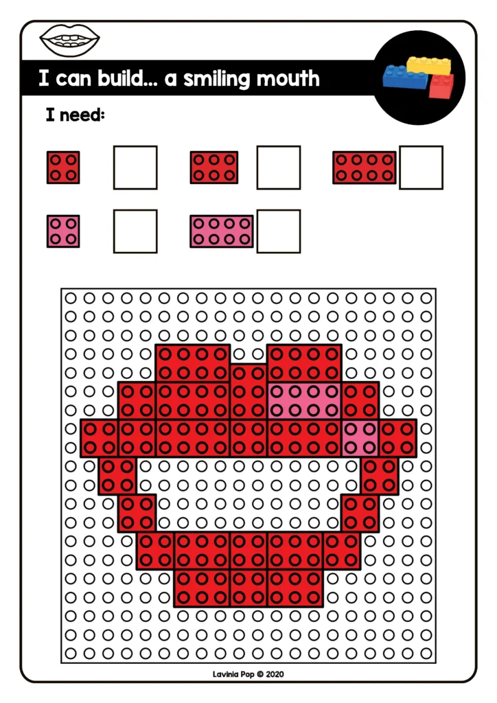 Preschool Fine Motor Printable Activities for February building bricks task card creating a smiling mouth