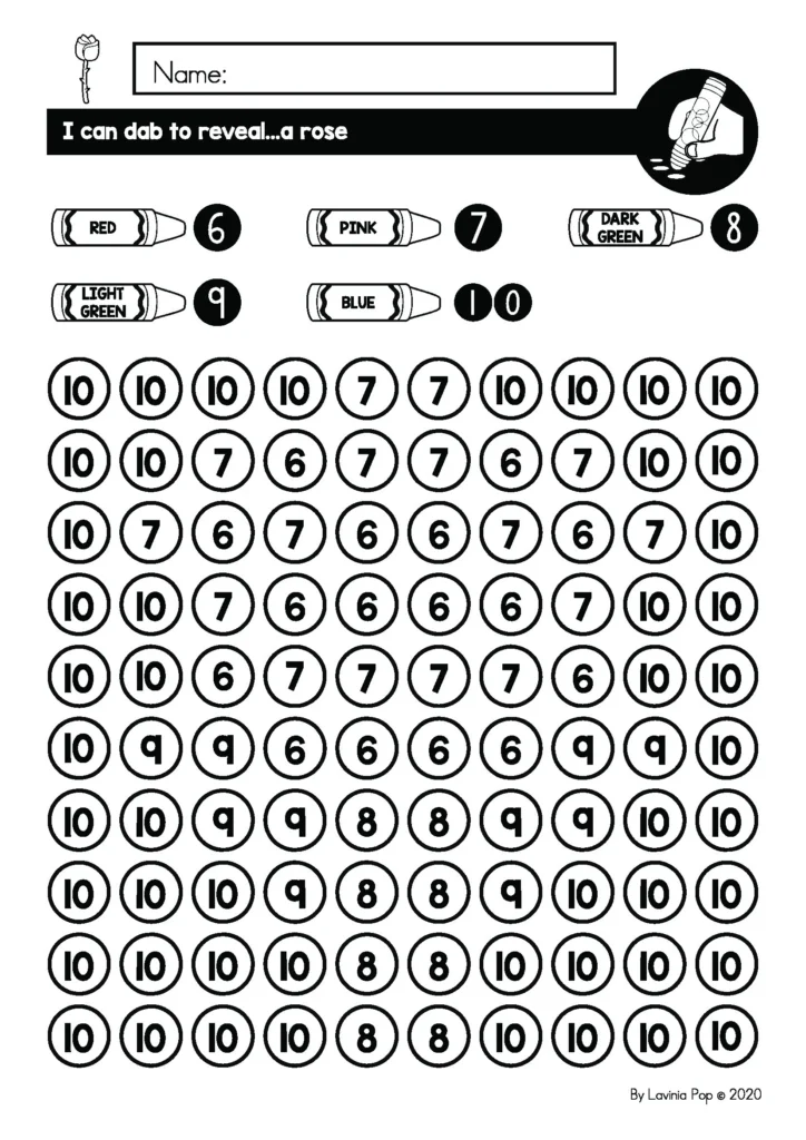 Preschool Fine Motor Printable Activities for February mystery picture dab worksheet revealing a rose