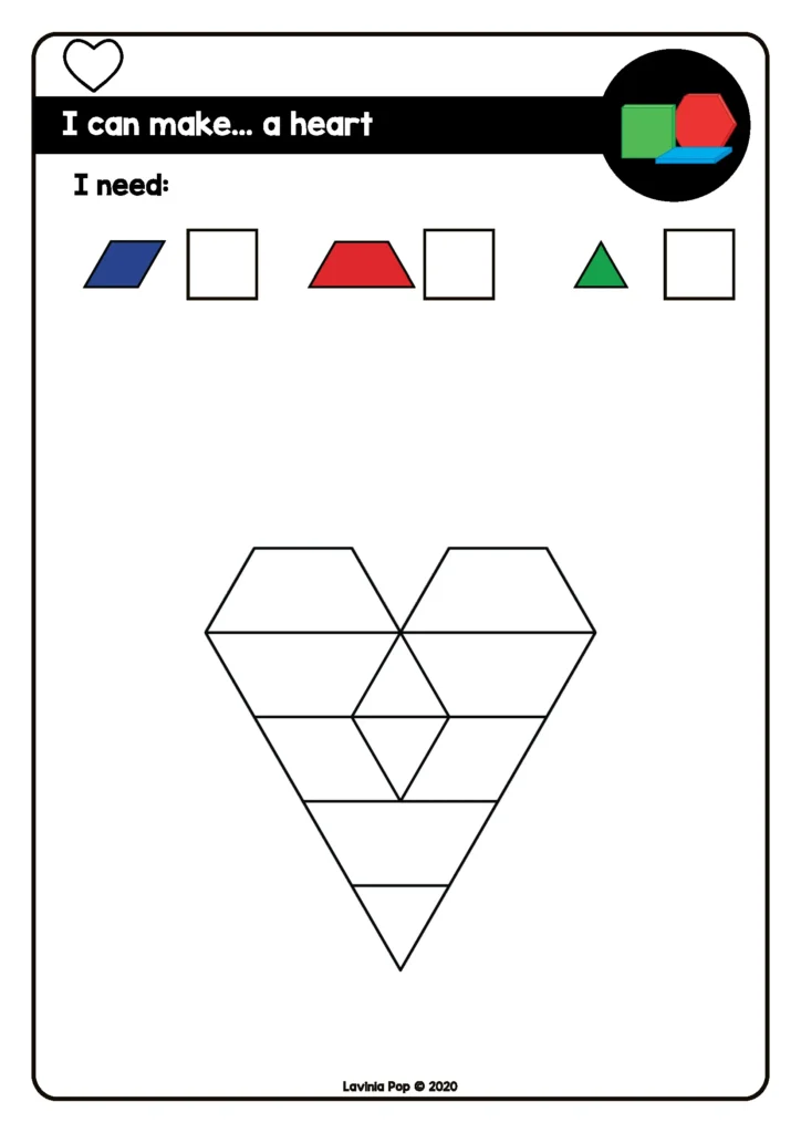 Preschool Fine Motor Printable Activities for February pattern block task card building a heart