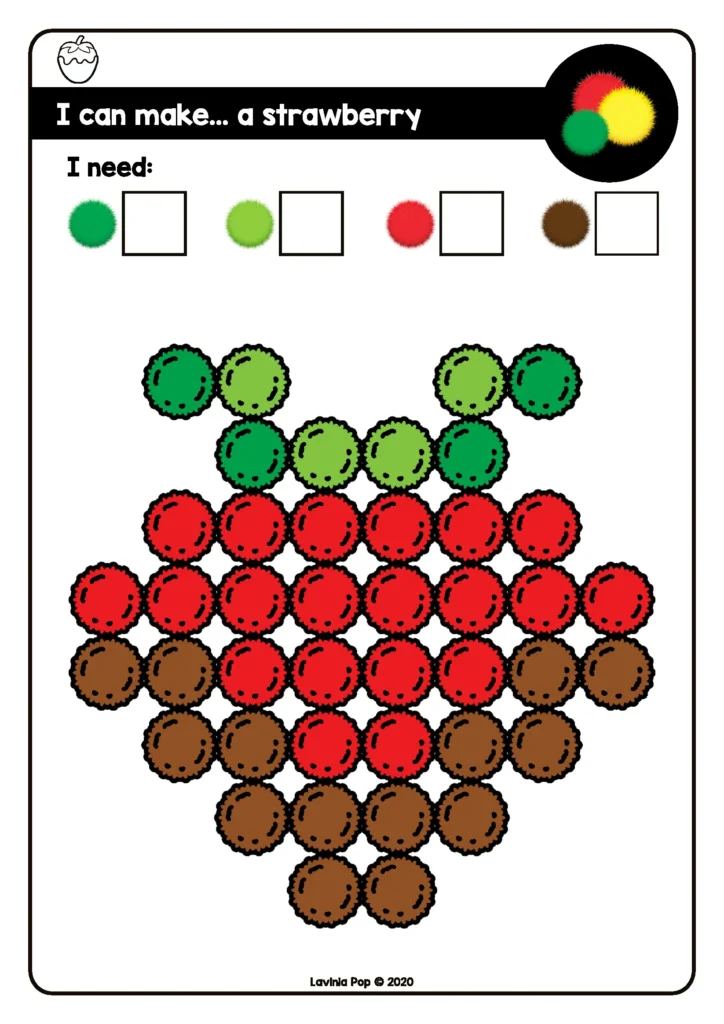 Preschool Fine Motor Printable Activities for February pom pom picture task card building a strawberry to strengthen fine motor skills