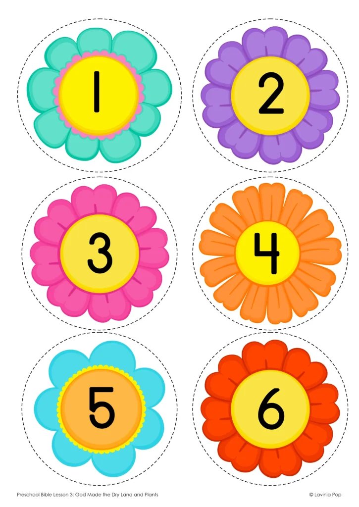 Preschool Bible Lesson God Made the Dry Land and Plants flower counting circles numbered one through six