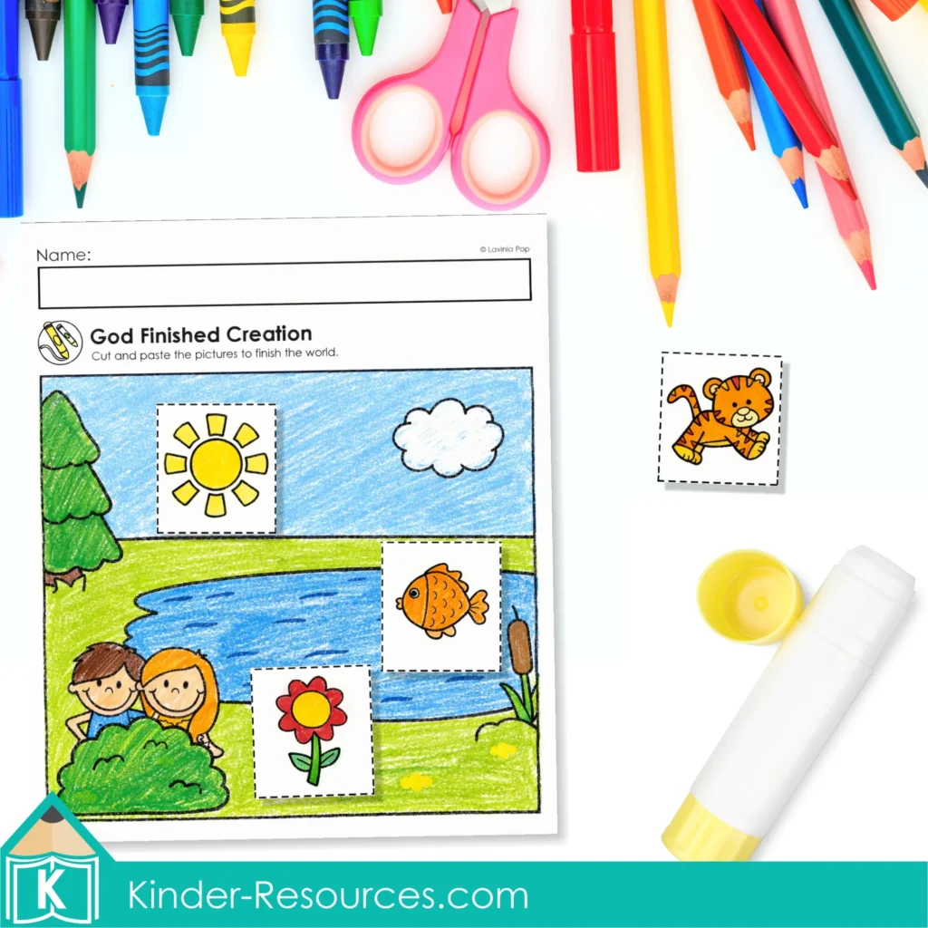 Creation Day 7 Preschool Bible Lesson God Rested cut and paste craft with children finishing the world scene using sun, fish, animal, and flower pieces