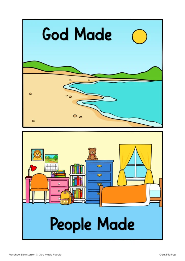 God Made People sorting headers with a nature scene for God Made and a child’s bedroom scene for People Made