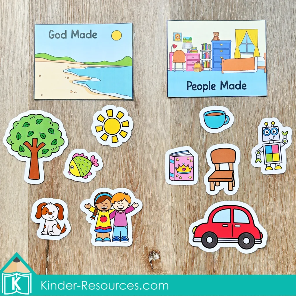 God Made People sorting activity with picture cards placed under God Made and People Made headers for preschool learning