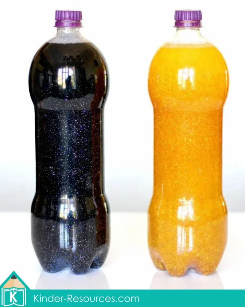 Light and darkness sensory bottles for preschool Creation lesson using glitter and colored water