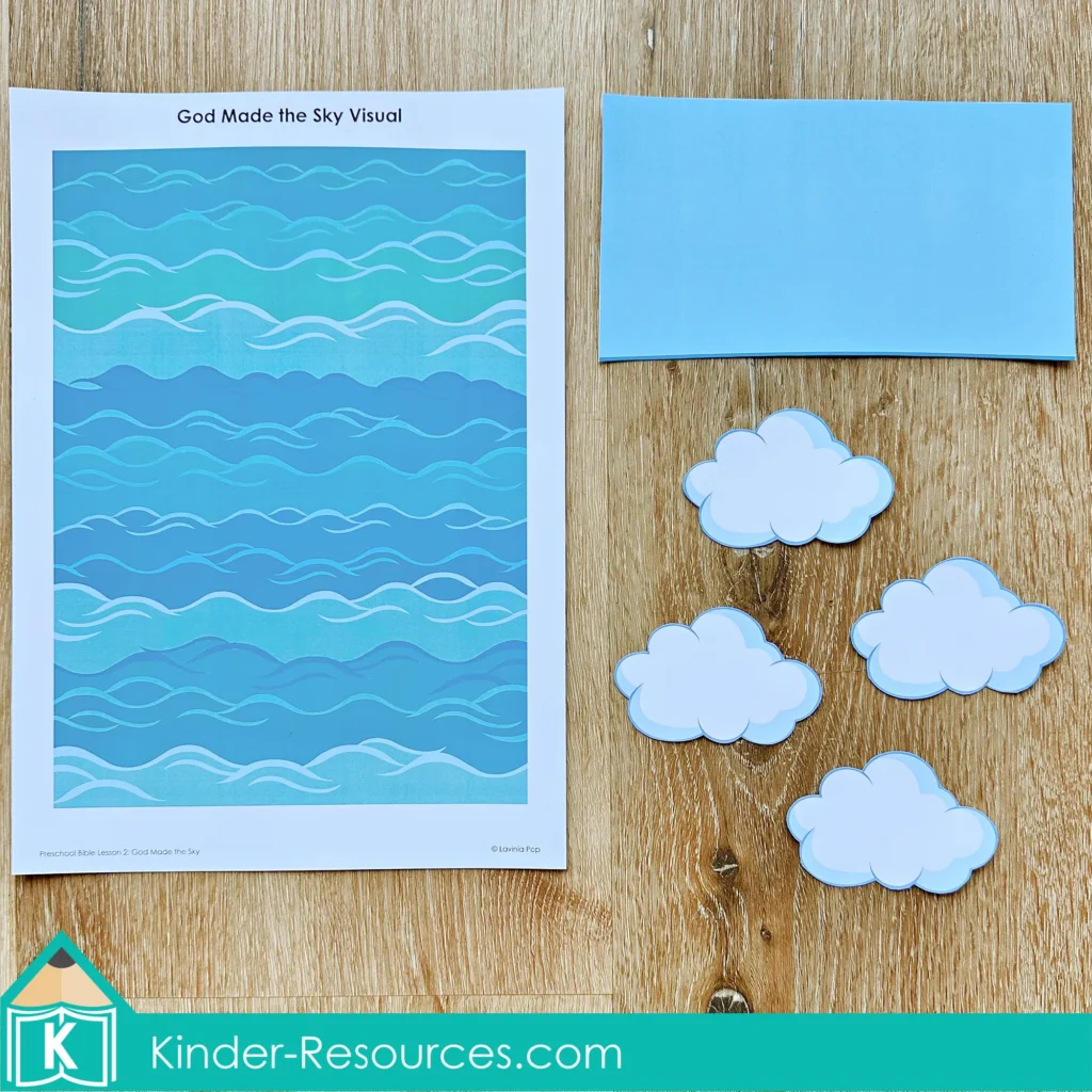 reschool Bible Lesson God Made the Sky visual pieces including water background sky piece and clouds
