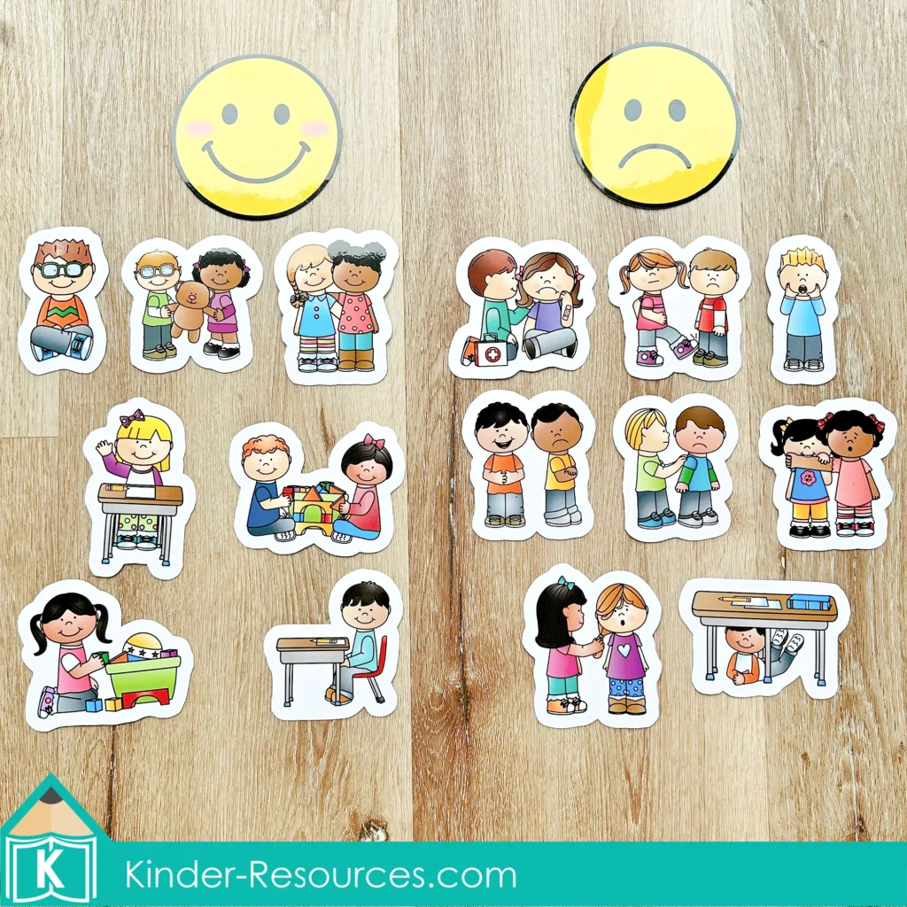 Preschool Bible Lesson Classroom Rules Management choice sorting activity with picture cards for identifying helpful and unhelpful classroom choices in preschool