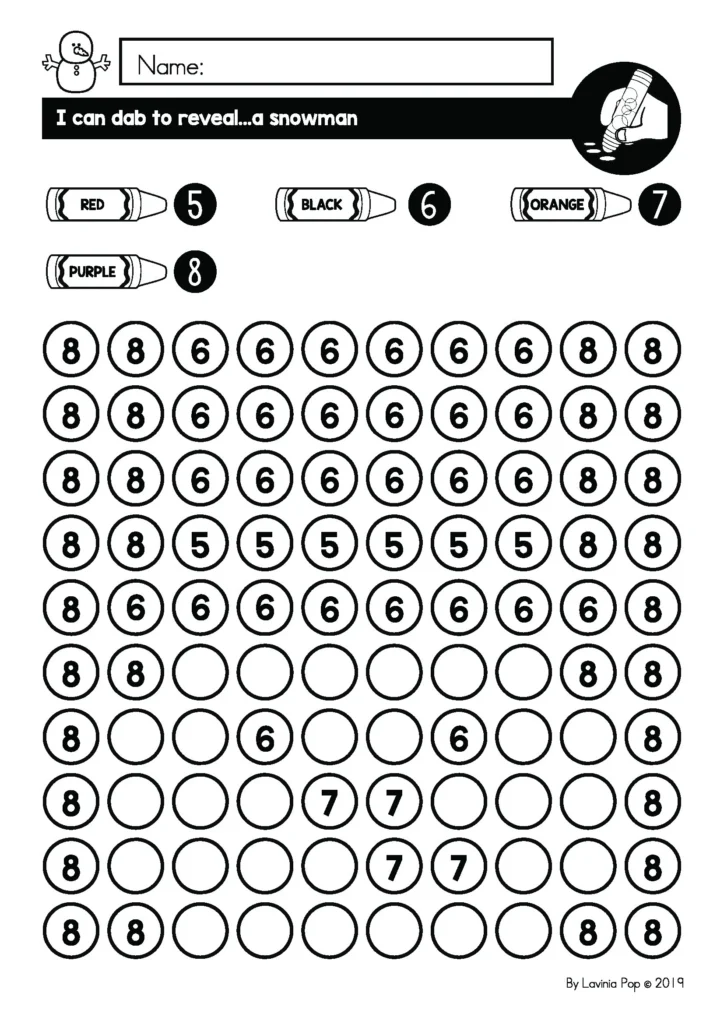 Fine Motor Printable Activities for January dab the mystery picture worksheet with numbers revealing a snowman for preschool and kindergarten fine motor practice