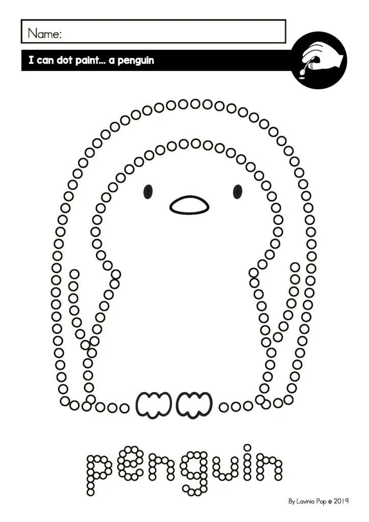 Fine Motor Printable Activities for January dot paint penguin worksheet using cotton swabs to build fine motor strength and hand eye coordination