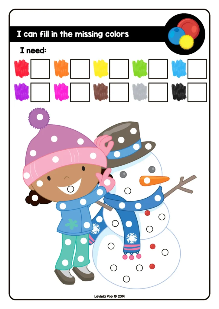 Fine Motor Printable Activities for January missing colors worksheet with winter picture supporting visual motor integration and precision skills