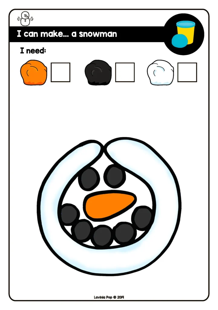 Fine Motor Printable Activities for January play dough snowman mat encouraging rolling and shaping for fine motor development