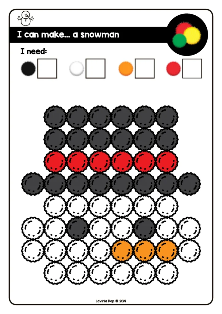 Fine Motor Printable Activities for January pom pom snowman activity supporting pincer grasp and fine motor coordination