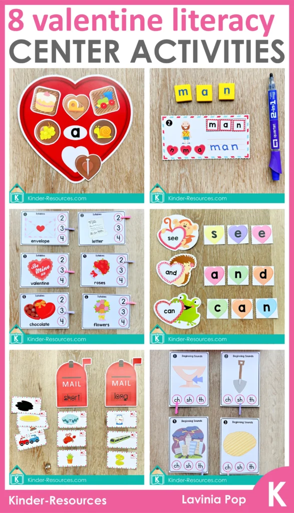 Valentine’s Day Literacy Centers for Kindergarten printable literacy activities including phonics syllables vowels and sight words
