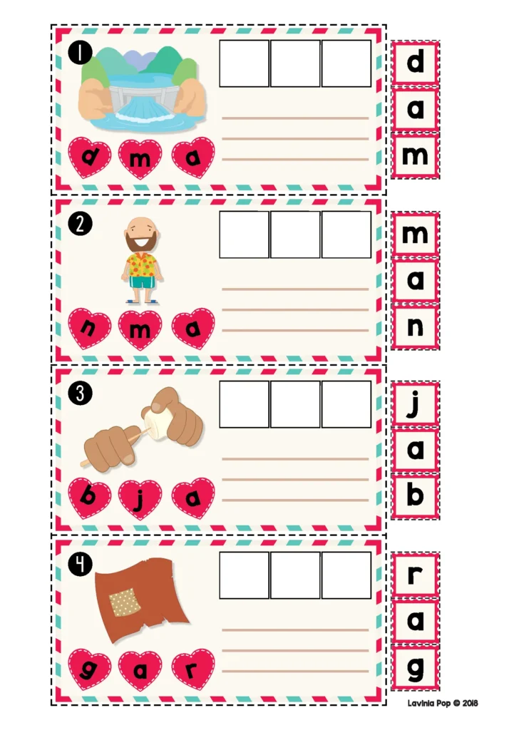 Valentine’s Day Literacy Centers for Kindergarten CVC word building activity using heart letters and recording spaces