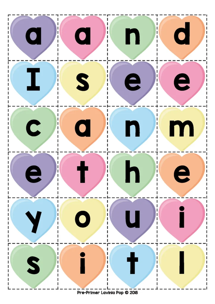 Valentine’s Day Literacy Centers for Kindergarten sight word building activity using conversation heart letters