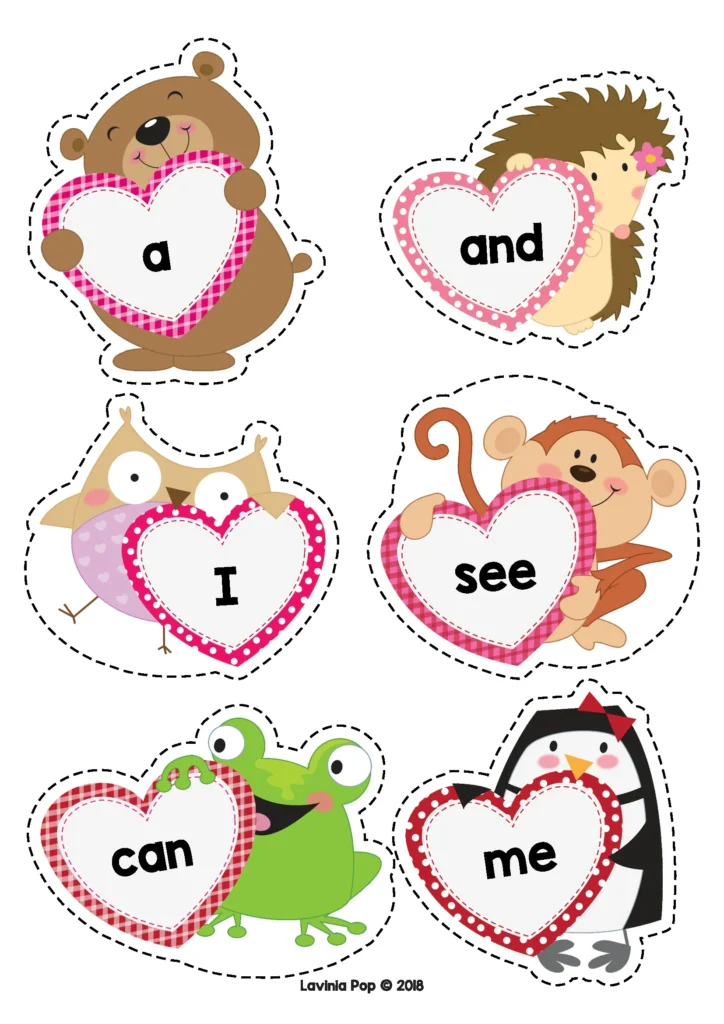 Valentine’s Day Literacy Centers for Kindergarten Pre Primer and Primer sight word cards with Valentine theme