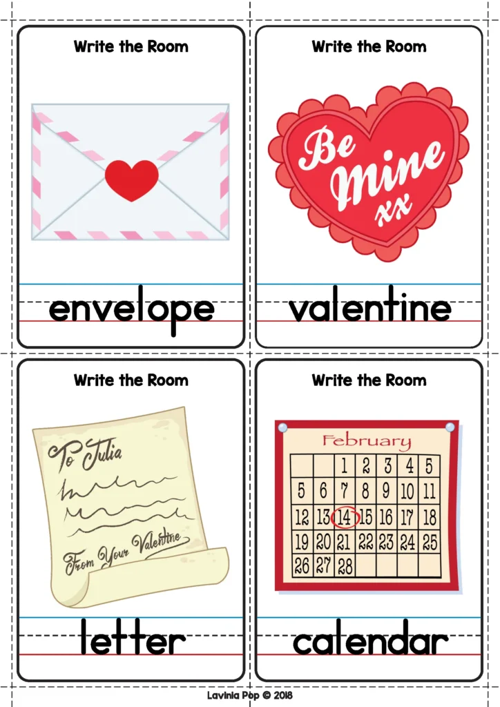 Valentine’s Day Literacy Centers for Kindergarten write the room activity with Valentine vocabulary cards and handwriting lines