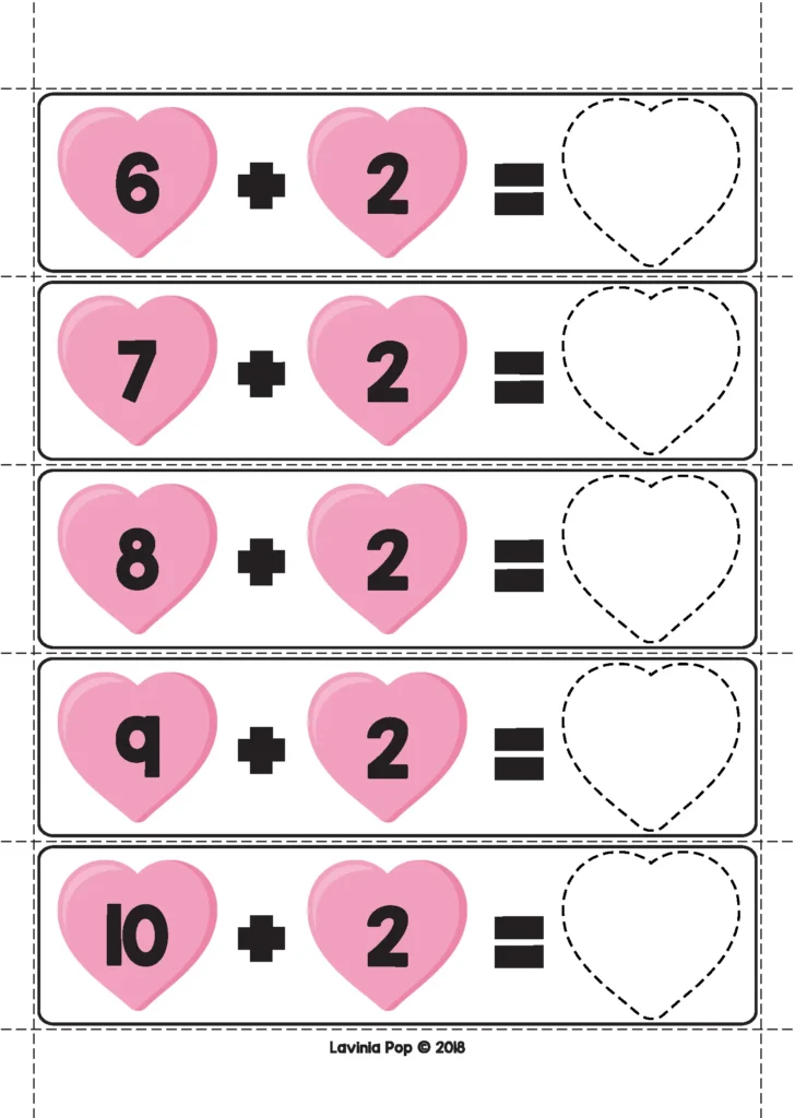 Valentine’s Day Math Centers for Kindergarten heart themed addition strips practicing addition within 20 using visual math supports