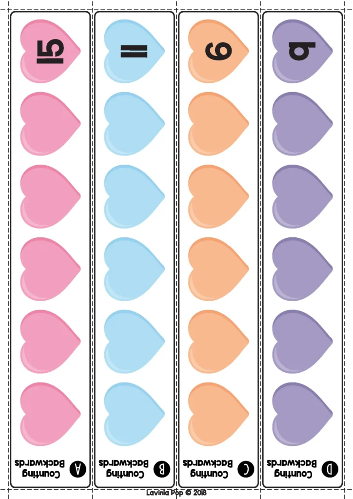 Valentine’s Day Math Centers for Kindergarten counting backwards strips practicing number order and number sense