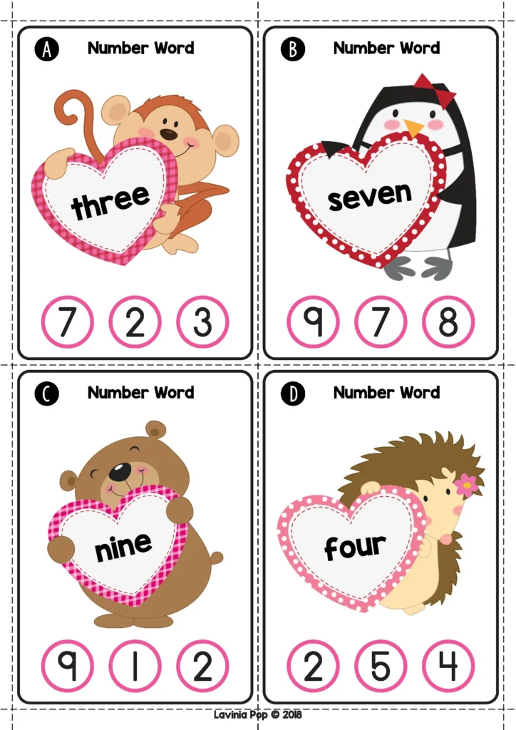 Valentine’s Day Math Centers for Kindergarten Number Word Matching
