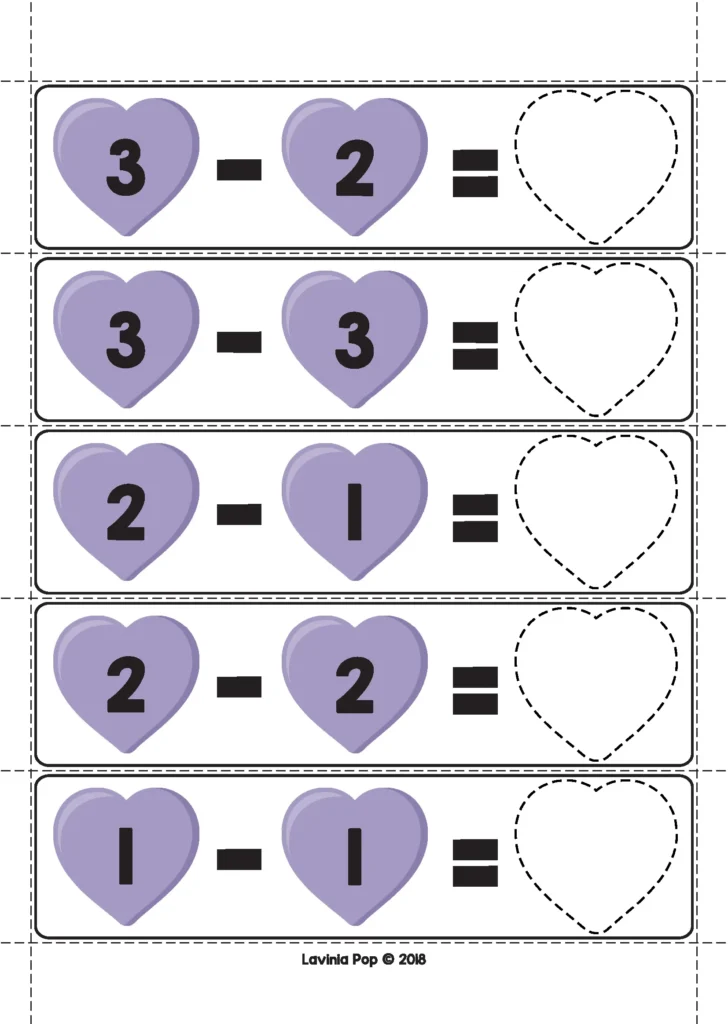 Valentine’s Day Math Centers for Kindergarten subtraction activity using heart themed equations and visual math supports