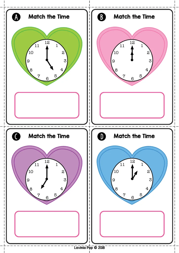 Valentine’s Day Math Centers for Kindergarten telling time activity matching analog clocks to the hour