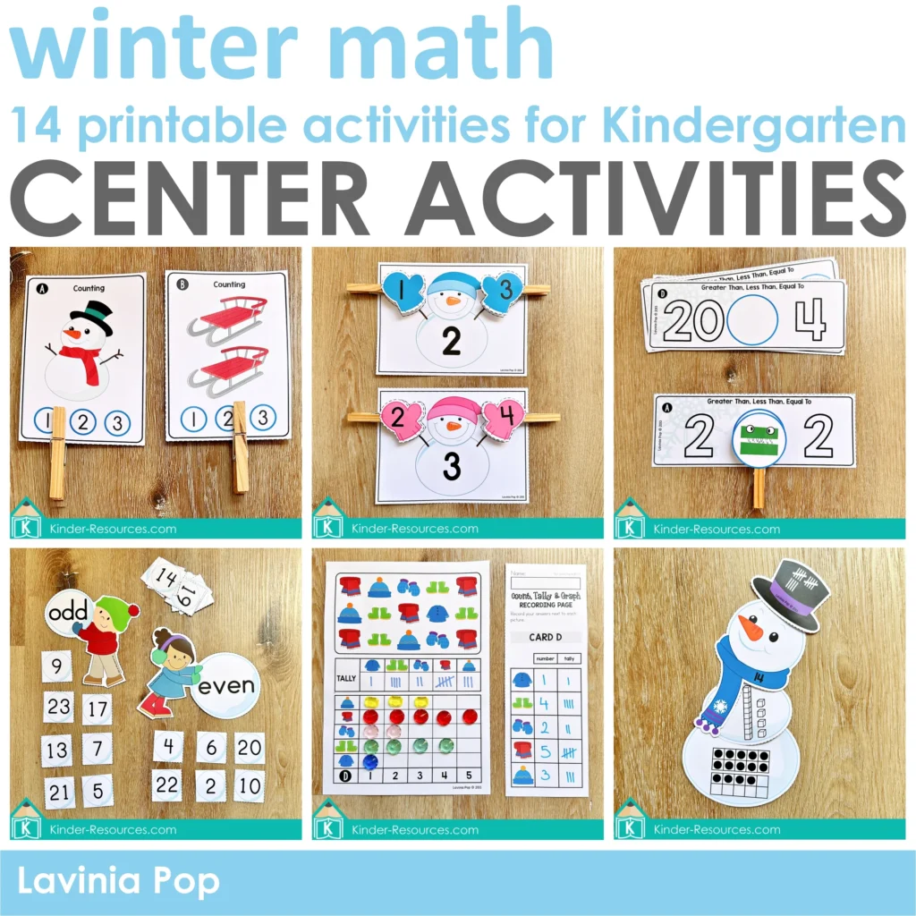 Winter Math Centers for Kindergarten | 14 printable math center activities covering counting odd and even number comparison and ten frames