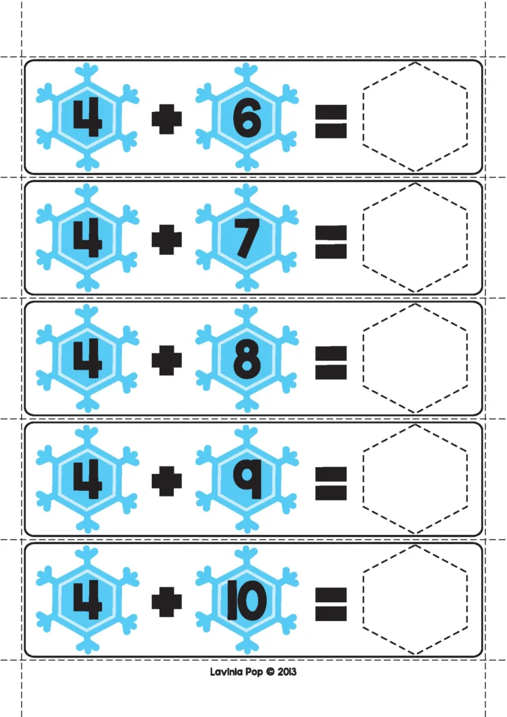 Winter Math Centers for Kindergarten addition strips using snowflake numbers and simple equations