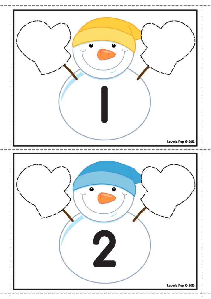 Winter Math Centers for Kindergarten number sequencing activity with snowman cards and number order practice