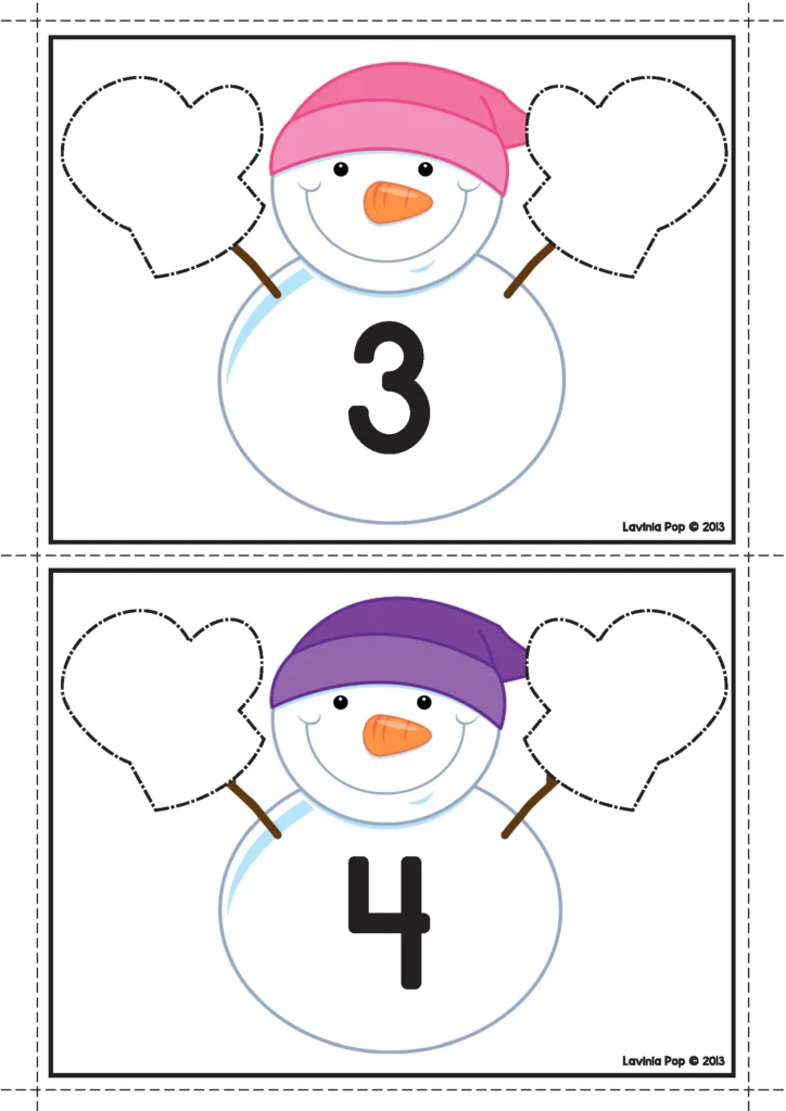 Winter Math Centers for Kindergarten number sequencing activity with snowman cards and number order practice