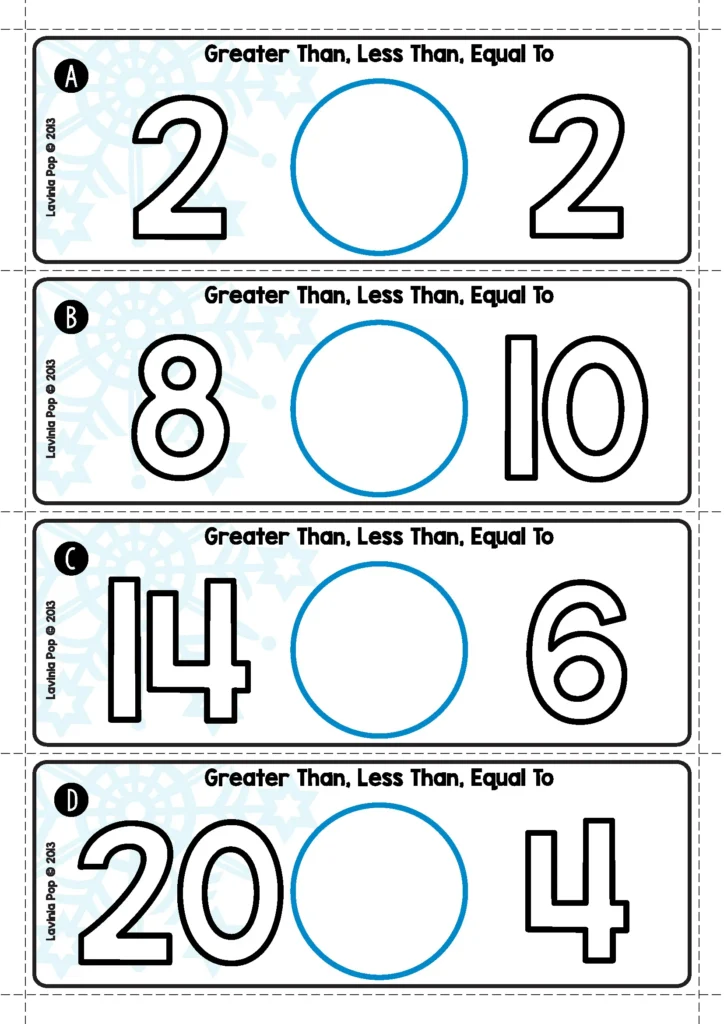 Winter Math Centers for Kindergarten number comparison cards for greater than less than equal to practice